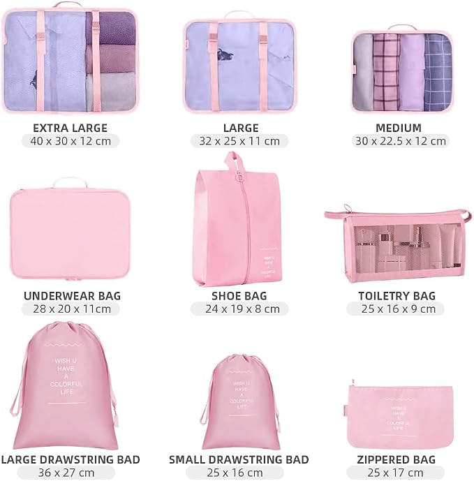 Packing Cubes for Suitcase,Lychico 9pcs Travel Luggage Packing Organizers Waterproof Travel Essentials Bag Clothes Shoes Storage Bags, Pink - Image 3