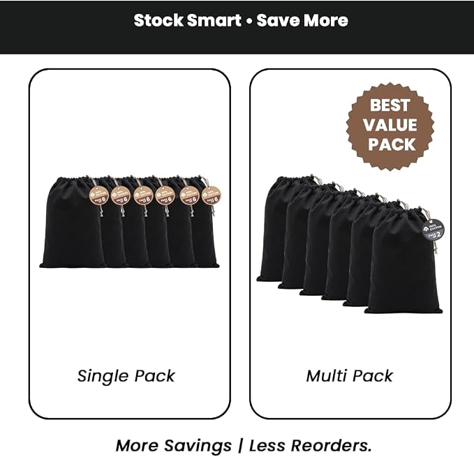 LFH Cotton Rich Shoe Storage Bags with Drawstring, Dustproof Breathable Reusable Organizer, Perfect For Travel, Dorm, Hotel, College, Gym, Machine Washable 12"x17" (Pack of 6) - Black sand - Image 8