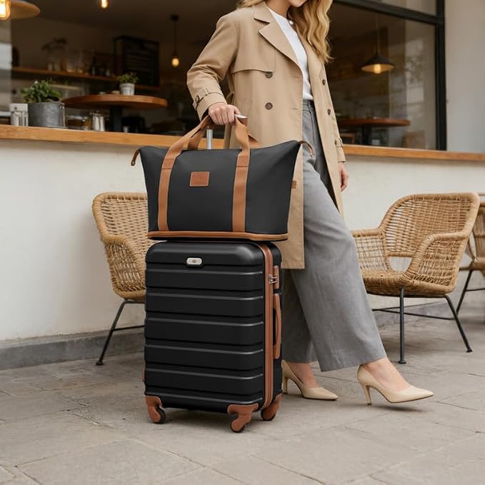 Suitour Luggage Sets 5 Piece, 20, 24, 28 inch Hardside Carry-on and Checked Suitcase Set with Expandable Travel Duffle Bag Sets（Black Tan） - Image 2