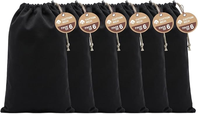 LFH Cotton Rich Shoe Storage Bags with Drawstring, Dustproof Breathable Reusable Organizer, Perfect For Travel, Dorm, Hotel, College, Gym, Machine Washable 8"x17" (Pack of 6) - Black sand by LFHHomePrivateLimited