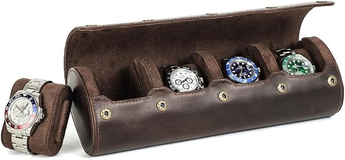 Hiram Leather Watch Roll Travel Case,Vintage Crazy Horse Leather 4-Slots Watch Box with Removable Velvet Pillows, Secure Metal Clasp, Perfect for Daily Display & Business Travel by Hiram