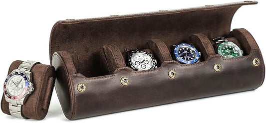 Hiram Leather Watch Roll Travel Case,Vintage Crazy Horse Leather 4-Slots Watch Box with Removable Velvet Pillows, Secure Metal Clasp, Perfect for Daily Display & Business Travel by Hiram