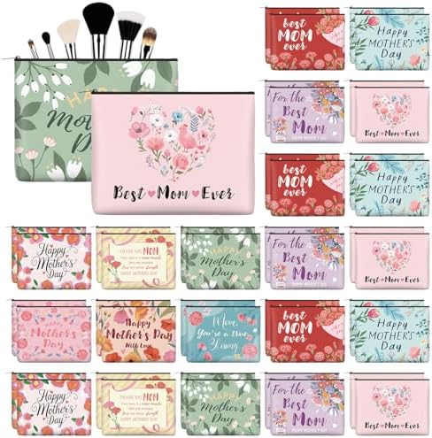 Landical 50 Pcs Mother's Day Makeup Bags Bulk, Mom Canvas Cosmetic Bags Gifts for Women, Toiletry Zipper Pouch Travel Vacation Essentials, Mother Gift Bag for Mom Party Favors Supplies by Landical