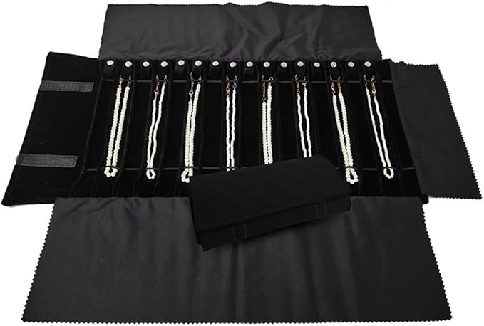 Travel Necklace Organizer, Tangle Free Jewelry Case, 16 Slots | Foldable,LightWeight Compact, Velvet Lining Jewelry Storage Bag for Chain Bracelet, Gift for Women Girls,Black Diamond - Image 2