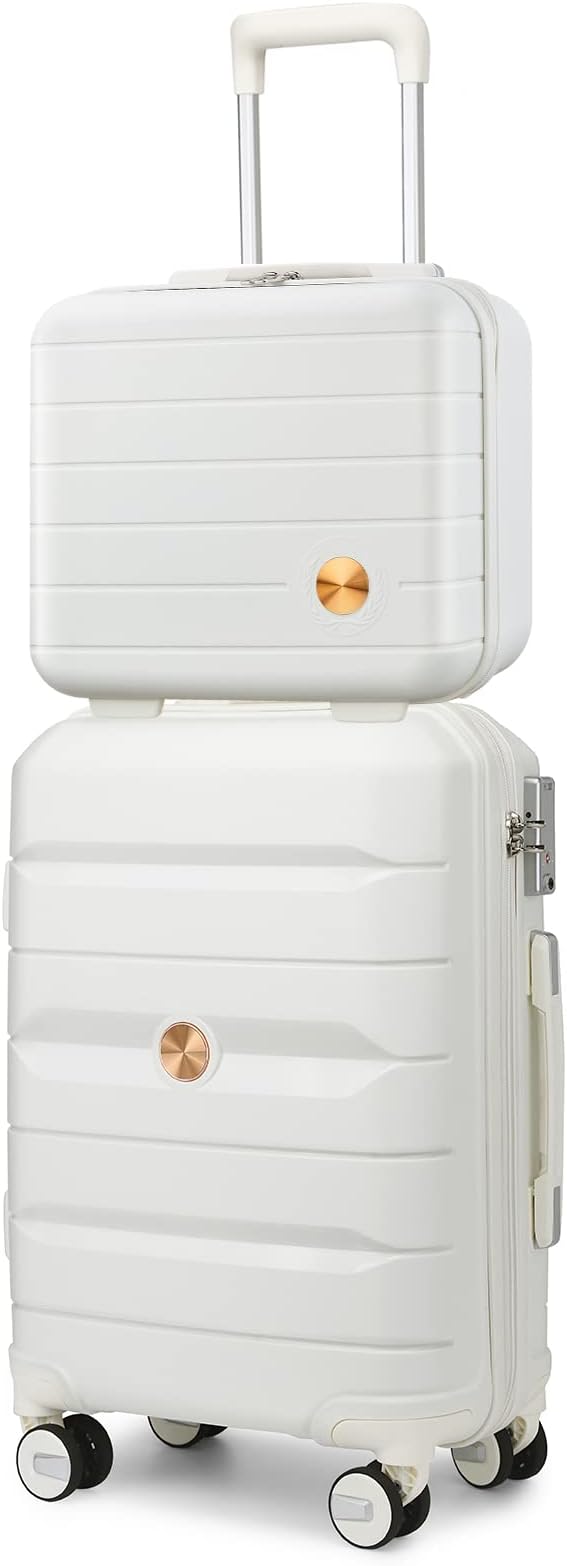 Somago 20" Carry On Luggage and 14" Mini Cosmetic Cases Travel Set Lightweight Polypropylene Suitcase with TSA Lock YKK Zipper Hardside Luggage with Spinner Wheels (2 Piece Set, Creamy White) by SOMAGO