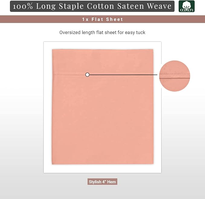 Pizuna Pure 100% Cotton Flat Sheets Only Twin XL Burnt Coral (1 PC), Luxurious 400 Thread Count Long Staple Cotton Sateen with 4" Hem (Combed Twin XL Flat Sheet Only Cotton) - Image 3