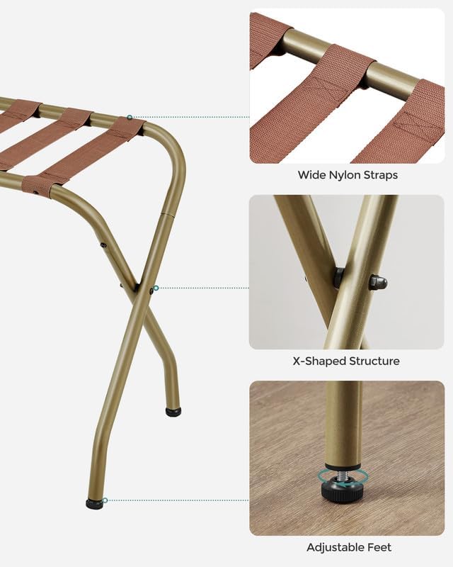 SONGMICS Luggage Rack, Pack of 4, Luggage Racks for Guest Room, Suitcase Stand, Steel Frame, Foldable, for Bedroom, Golden URLR064A04 - Image 7