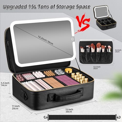 15''X11'' Makeup Bag with Removeable Lighted Mirror, Travel Makeup Case with 3 Color Lights Dimmable Brightness, Large Capacity Cosmetic Organizer Case with Detachable Dividers & Shoulder Strap - Image 5