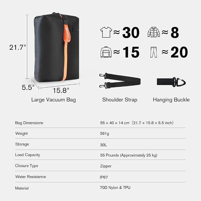 Aerogogo ReZip Vacuum Bags for Travel Luggage Reusable Compression Bags Vacuum Seal Packing cube for Cloth Packing (Large-No pump） - Image 8