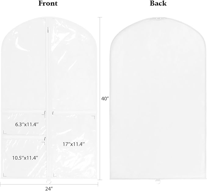 Univivi Dance Costume Bags Garment Bag 40 Inch Hanging Clothes for Dance Competitions, with 3 Medium Clear Zipper Pockets for Dance Costumes, Closet Storage (White) - 8 Pack - Image 2