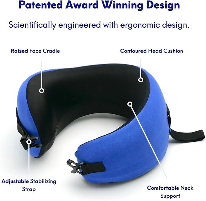 C CUSHION LAB Travel Pillow, Award-Winning Patented Ergonomic Design for Chin & Neck Support Memory Foam Neck Pillow, Compact Airplane Pillow for Traveling, Flight, Car (Cobalt Blue, Medium) - Image 2