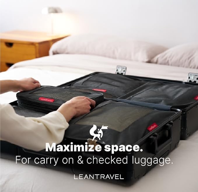 LeanTravel Premium Compression Packing Cubes for Travel - Suitcase Organizer Bags with Double Zipper & Breathable Mesh Panel - Space Saving Carry On Luggage Essentials (6-Pack Black) - Image 8
