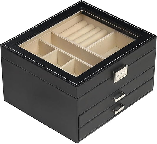 BOOVO Clear Lid Jewelry Box,3 Layers Jewelry Organizer Large Jewelry Storage Box with 2 Drawers,Jewelry Holder Organzier of Rings Earrings Necklace Bracelets for Women (Black, 3 Layer) by BOOVO