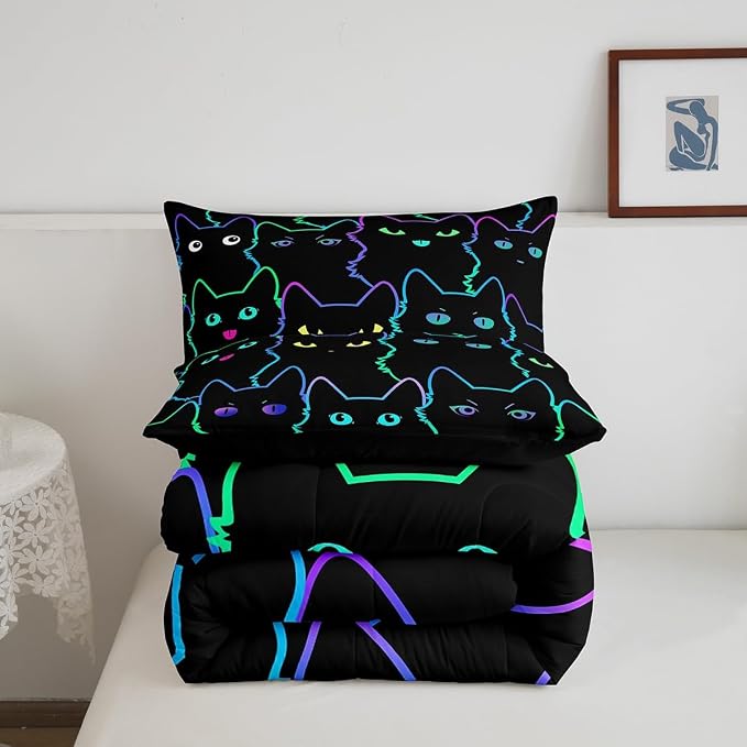 Erosebridal Cute Cat Kids Comforter Neon Rainbow Line Cat Twin Bedding Set for Girls Boys Teen Cartoon Kawaii Cats Toddler Bed Set Colorful Animals Quilt Set Reversible Black,1 Pillow Case - Image 6