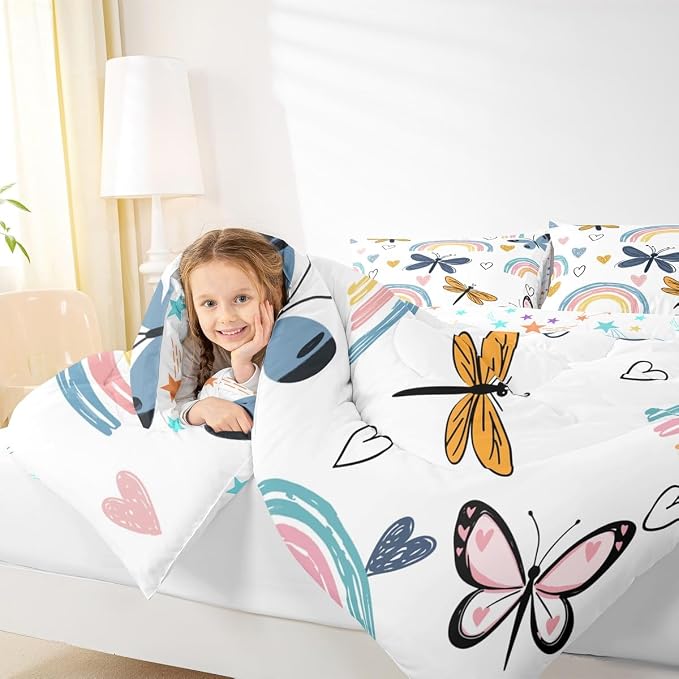 Rainbow Queen Bedding Sets For Girls, Cute Dragonfly Duvet Insert,Hand Drawn Love Heart Comforter Set For Kids Boys Children Teens Adult, Rainbow Ripple Cartoon Quilt 3 Pieces With 2 Pillow Cases - Image 6
