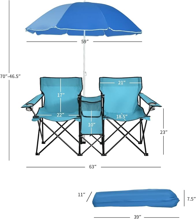 Goplus Double Camping Chair with Umbrella, Folding Loveseat Chairs w/Canopy Shade, Carrying Bag, Table, Cup Holder, Portable Beach Chairs Outdoor Picnic Patio (Turquoise) - Image 3