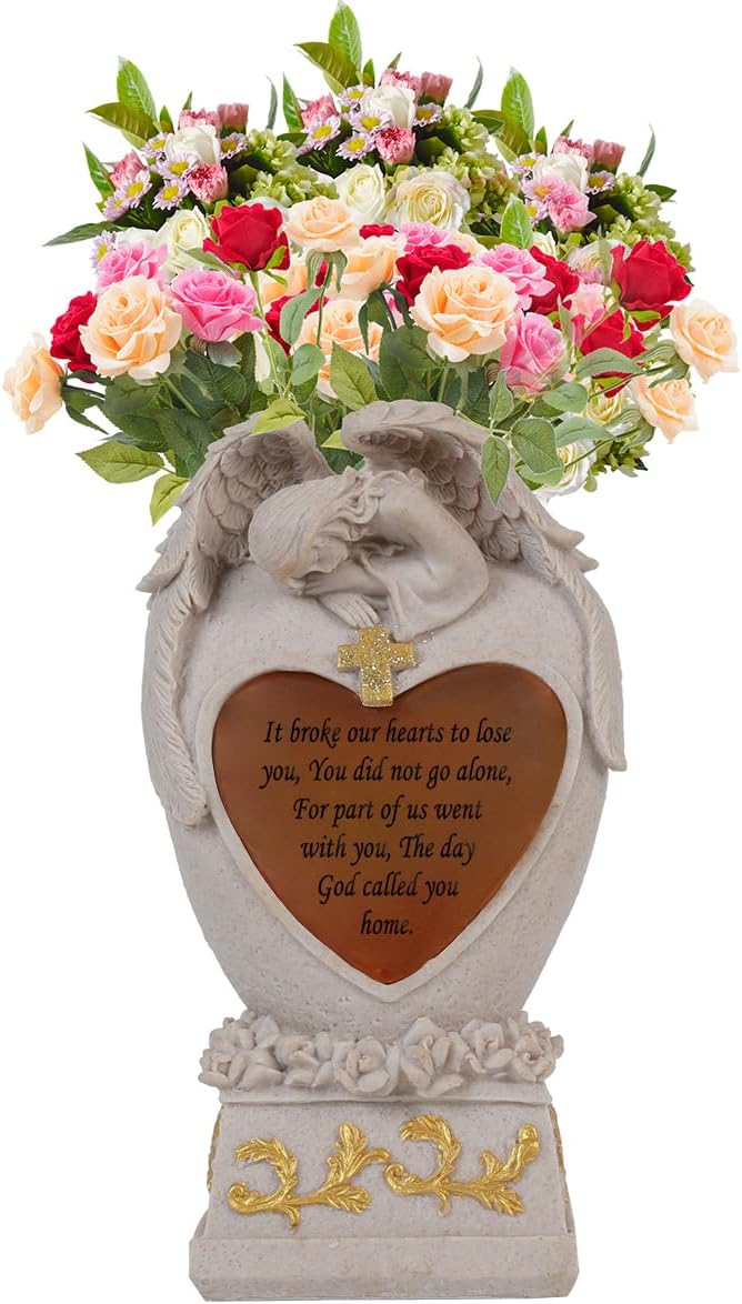 Cemetery Decorations for Grave, Garden Angel, Solar Lights, Family Memorial Statue, Funeral Gift, LED Vase, Crying Angel (Beige)