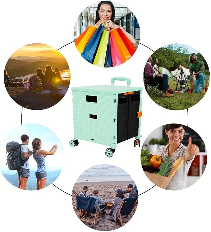 Foldable Utility Cart Portable Rolling Crate Handcart Shopping Trolley Collapsible 4 Rotate Wheels with Durable Heavy Duty Plastic Telescoping Handle for Travel Shopping Moving Storage Office Use - Image 2