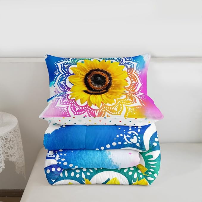 Erosebridal Bohemian Mandala Comforter Set Queen Size, Kids Boho Sunflower Duvet Sets Tie Dye Tribal Exotic Bedding Set for Boys Girls Teens Women, Psychedelic Watercolor Quilt Set Soft for Bedroom - Image 7