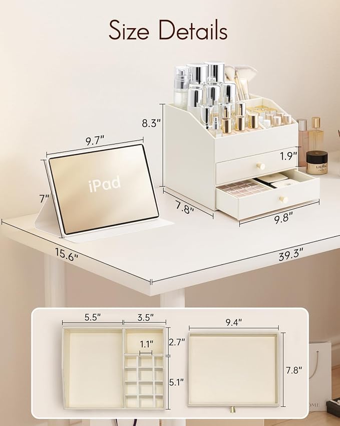 VLANDO Makeup Organizer for Vanity,Large Capacity Bathroom Counter Organizer with Drawers,PU Leather Skin Care Storage for Lipstick,Brushes,Perfumes (Beige) - Image 6