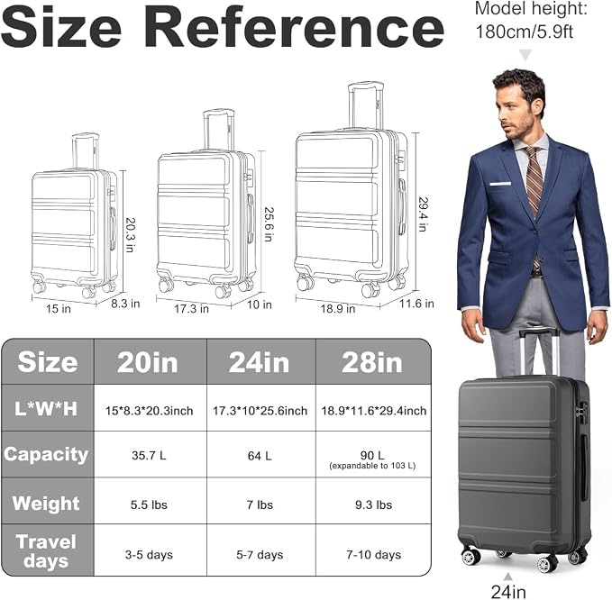 Kono 24 Inch Luggage Suitcase with Spinner Wheels TSA Lock | Lightweight PC+ABS Hardside Medium Checked Luggage Durable Rolling Suitcase Grey - Image 6