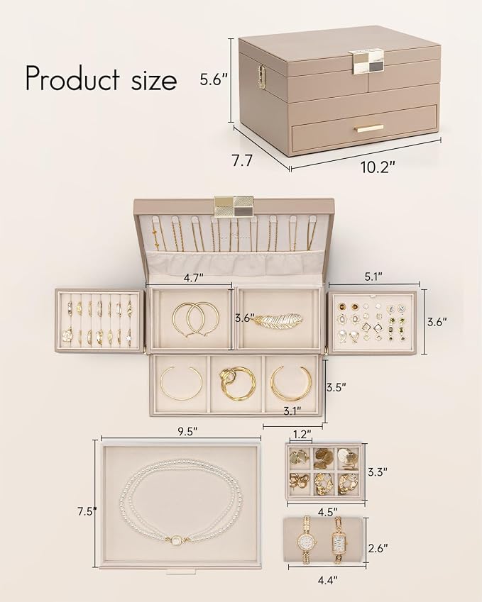 VLANDO 3 Layer Jewelry Box - Women Jewelry Box with Retractable Tray - Jewelry Organizers with Drawer for Necklaces, Rings, Bracelets, Earrings, Gift for Couples Mom Girls - Toffee - Image 4