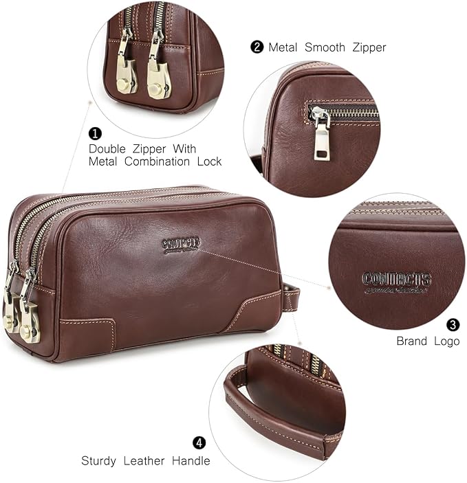 CONTACTS Full Grain Leather Toiletry Bag with Lock for Men Travel Bag Shaving Dopp Kit Organizer Clutch with Handle and Double Combination Lock - Image 5