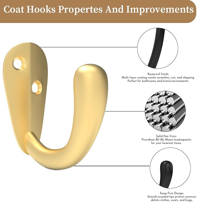 CBWLWJ 40 Pack Coat Hooks Wall Mounted Single Prong Robe Wall Hooks for Hanging Towel Hooks for Living Room, Bathroom, Kitchen, Bedroom for Coat, Bag, Scarf, Towel, Hat, Key, Cup (Gold) - Image 3