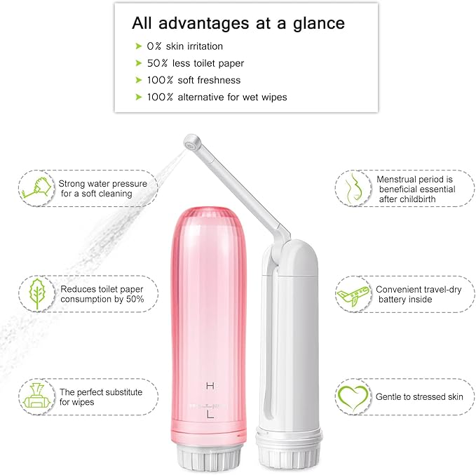 Portable Electric Bidet Sprayer - Handheld Travel Bidet with 2 Pressure Modes - Waterproof Foldable Pocket-Sized & Cordless for Bathroom Ultimate Personal Hygiene Cleaning at Home and Camping - Pink