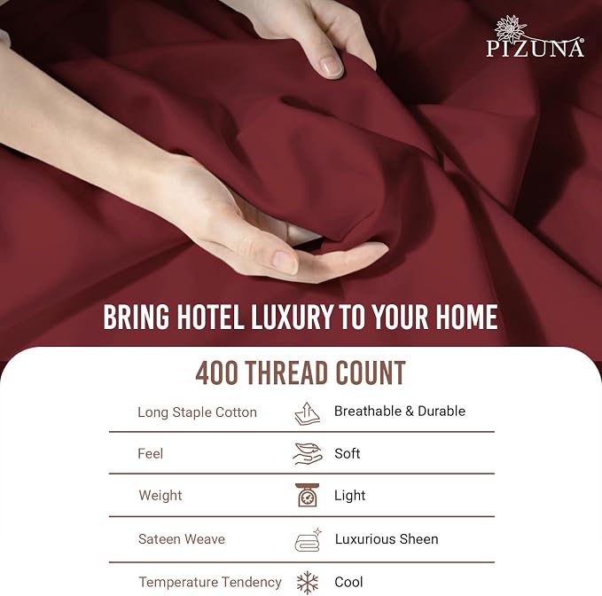 Pizuna Pure 100% Long-Staple Cotton Duvet Cover + Sheet Set Full, Luxurious 400 Thread Count Long Staple Cotton, Soft Sateen Weave Bedding Set (Rio Red) - Image 5