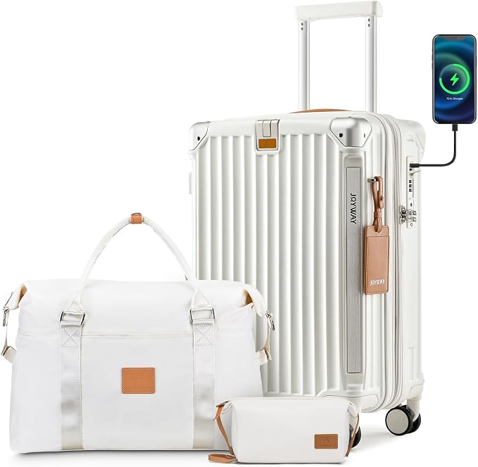 Joyway 20in Carry On Luggage with Cup Holder and USB Port, 25% Expandable Capacity, Smart Suitcase with Anti Slip Wheels and Handbag, Perfect for Men and Women 3 Piece Set White by Joyway