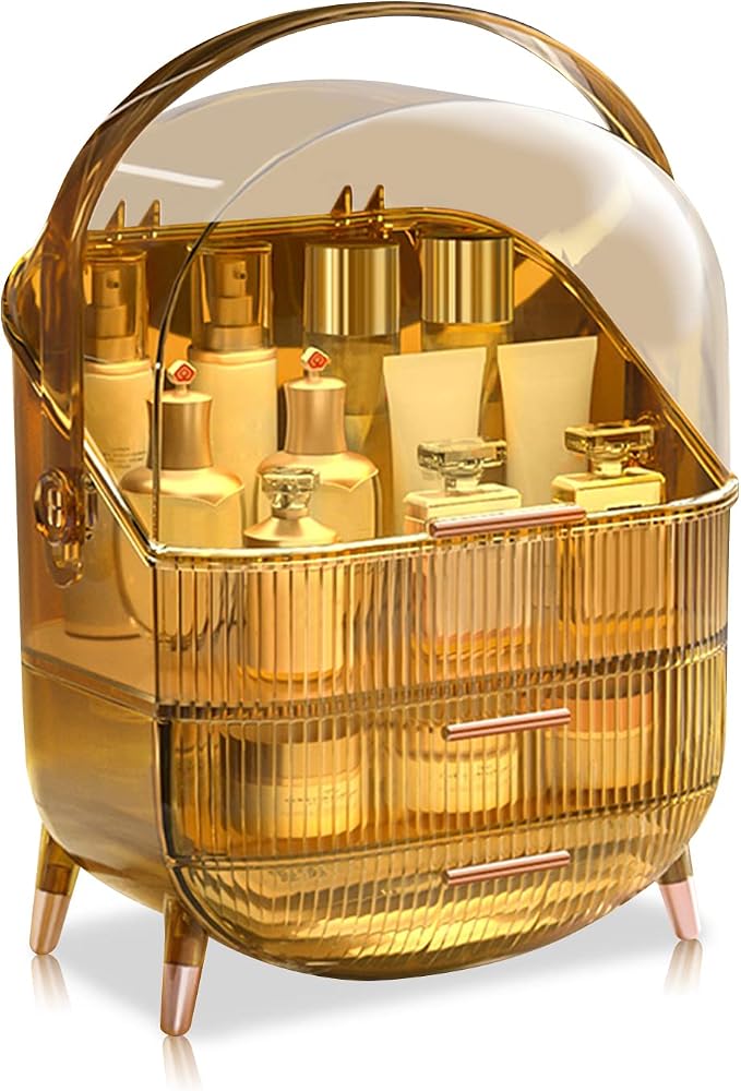 Ergocar Portable Retro Series Multi-Function Make Up Case Dustproof Cosmetic Storage Box,Cosmetics Skin Care Products Jewelry Organizer Case Finishing Box Bathroom Desktop -Amber (X-1) by Ergocar