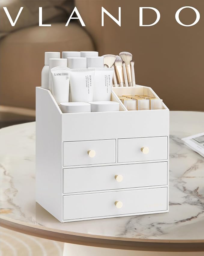 VLANDO Makeup Organizer,Vanity Organizer with Drawers, PU Leather Skincare Organizer Perfume Organizer,Large Cosmetic Display Case for Lipstick,Brushes Gifts for Women, White, 4 Layer - Image 7