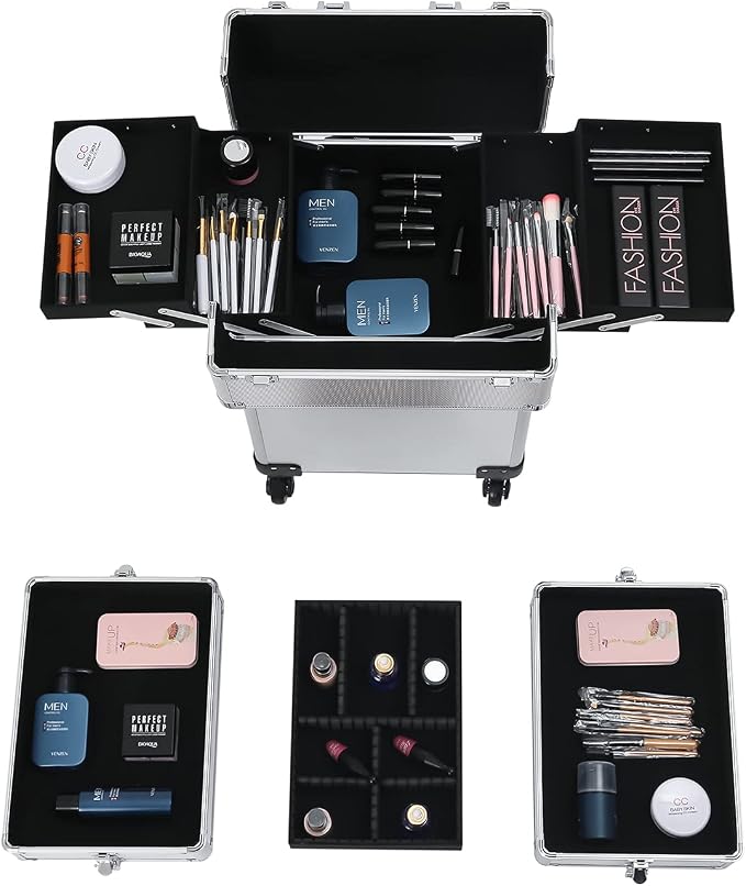 Karl home 4 in 1 Makeup Train Case Rolling Cosmetic Trolley Large Capacity Travel Organizer with Key 360°Swivel Wheels Suitcase for Beauticians Hairstylists Nail Tech Students, Silver - Image 4
