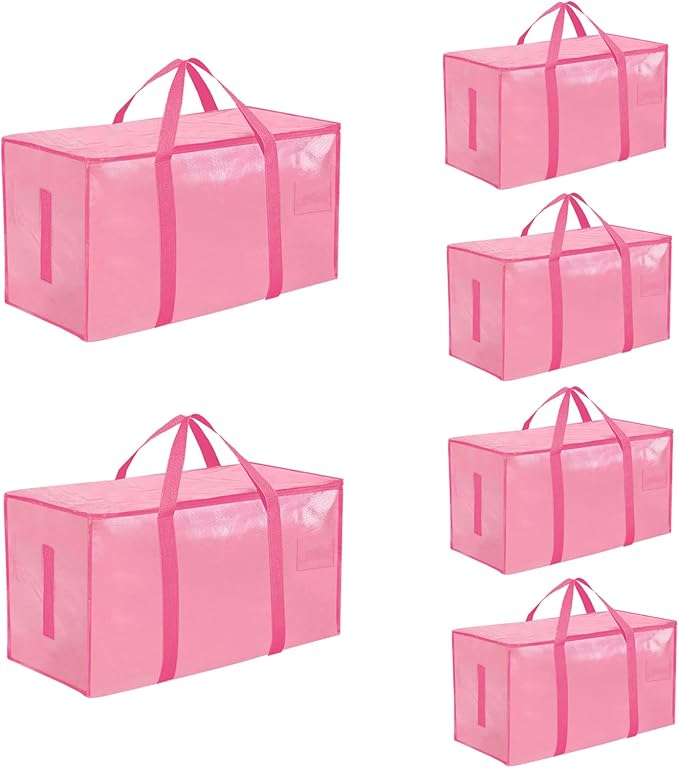 6 Pack-Extra Large Heavy Duty Moving Bags - Waterproof Storage Totes with Handles & Zippers, Foldable for College Dorm, Storage (Pink) by Unknown