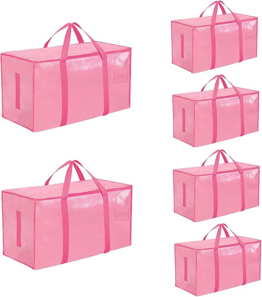 6 Pack-Extra Large Heavy Duty Moving Bags - Waterproof Storage Totes with Handles & Zippers, Foldable for College Dorm, Storage (Pink) by Unknown