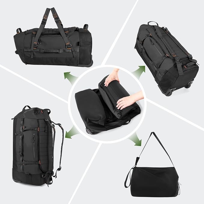 Vomgomfom 86L Foldable Duffle Bag with Wheels - Waterproof Rolling Travel Bag, Collapsible Luggage No Telescopic Handle, for Men Women Camping Sports Weekend Trips,Black - Image 5