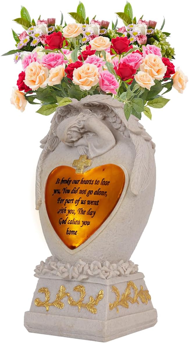 Cemetery Decorations for Grave, Garden Angel, Solar Lights, Family Memorial Statue, Funeral Gift, LED Vase, Crying Angel (Beige)