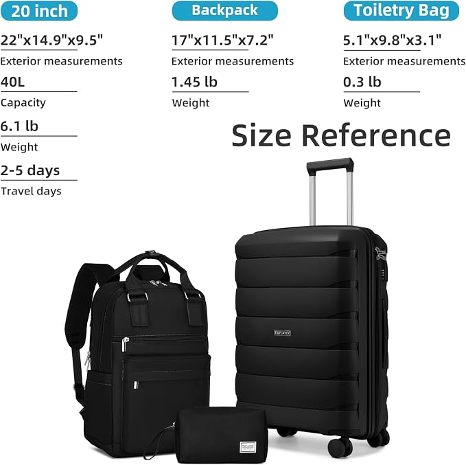 Carry On Luggage 22x14x9 Airline Approved, 22 Inch PP Hardshell Luggage Carry-on Suitcase with Spinner Wheels, Carry On Suitcase Set for Women (Black) - Image 6