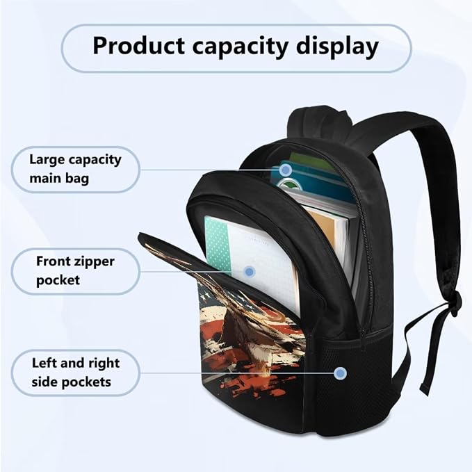USA Flag Deer School Backpack Set with School Bookbag Double Shoulder Lunch Bags and Pencil Box Pouch Water Bottle Organizer Travel Bag for Teens 4 Piece Set - Image 2