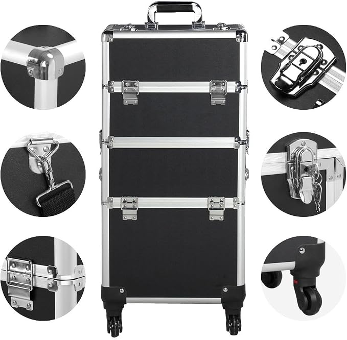 Yaheetech Rolling Makeup Train Case, Cosmetology Nail Organizer, Black | Aluminum frame and PVC shell hold a full 66 lb kit; movable dividers organize every tool, and it splits to travel on wheels - Image 6