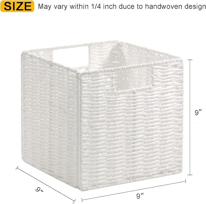 Vagusicc Wicker Storage Basket, Set of 2 Hand-Woven Storage Baskets for Organizing, White Foldable Cube Storage Bins Organizer, 9 x 9 Inch Square Wicker Storage Baskets for Shelves Pantry Decor - Image 2