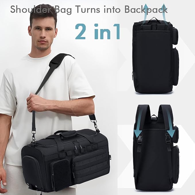 Tactical Gym Bag for Men 40L Sports Duffel Bags 3 in 1 Travel Duffel Bag with Shoe Compartment Waterproof Workout Backpack Carry On Bag for Overnight Weekender Travel Black - Image 6