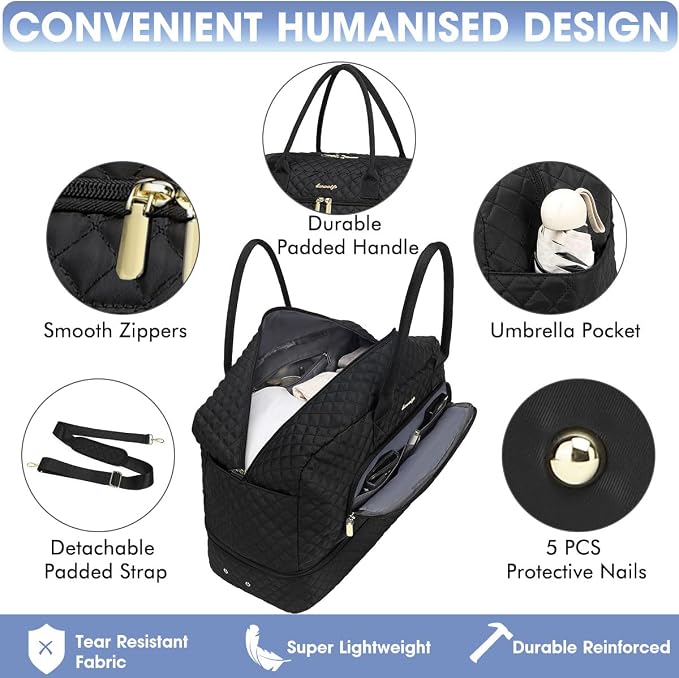 Initial Travel Duffle Bag for Women - Black Personalized Weekender Bags Overnight Bag with Shoe Compartment & Wet Pocket Weekend Tote Bags with Toiletry Bag Monogram Gifts (Letter A) - Image 3