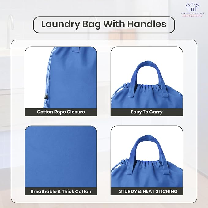 LFH Home Cotton Rich Canvas Large Laundry Bag with Handle, Heavy Duty Drawstring Closure Washable Laundry Bags, School Travel, Home, Hotel, College Dorm, Organizer Sack, Toys Clothes 28x36-Sky Blue - Image 3