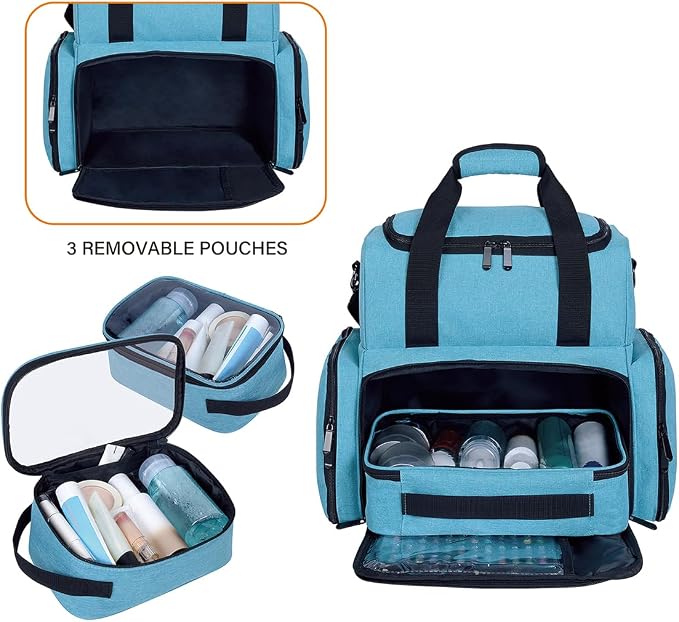 Large Makeup Bag Double Layer with 3 Removable Case.Lake Green | Large Makeup Bag with 3 Removable Case and 2 Removable Dividers Double Layer Travel Cosmetic Makeup Brushes Storage Section - Image 5
