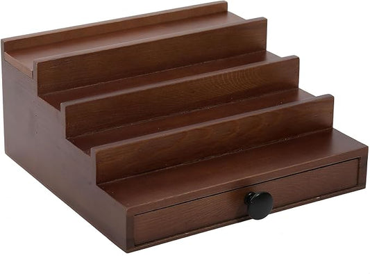 4 Tier Men's Cologne Organizer, Walnut Brown Wood Display Stand with Drawer | Tiered Cologne Shelf, Display Rack and Tray, Drawer Storage, Countertop Dresser Organizer, Mens Room Decor, Gift for Him by FENGLIGOO