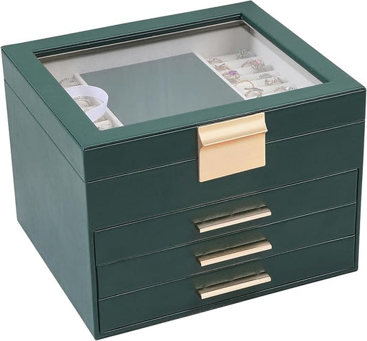 BOOVO Clear Lid Jewelry Box,3 Layers Jewelry Organizer Large Jewelry Storage Box with 2 Drawers,Jewelry Holder Organzier of Rings Earrings Necklace Bracelets for Women (Dark Green, 4 Layer) by BOOVO