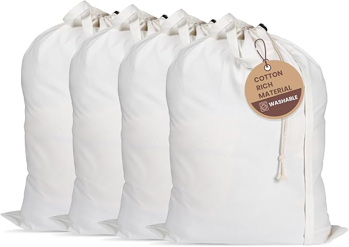 LFH Home Cotton Rich Large Laundry Bag with Handle, Heavy Duty Drawstring Closure Washable Laundry Bags, School Travel, Home, Hotel, College Dorm, Organizer Sack, Toy Clothes 20x30 (Pack of 4)-White by LFHHomePrivateLimited