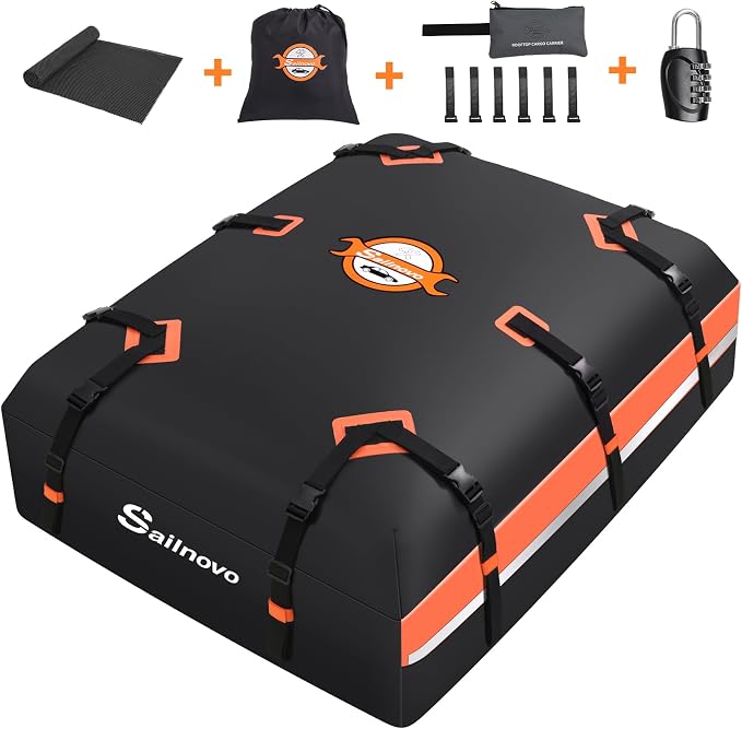 Sailnovo Car Rooftop Cargo Carrier 21 Cubic Feet, Waterproof 1000D PVC Car Roof Bag with Anti-Slip Mat, Combination Lock, Storage Bag, Door Hooks & Tie-Down Strap fit Vehicle with/Without Luggage Rack by Sailnovo